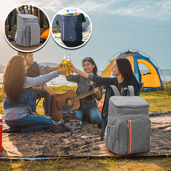 Amis pique-nique avec sac Ă dos isotherme gris