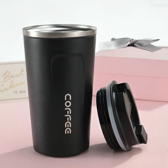 Bouteille isotherme noire avec couvercle à cÎté