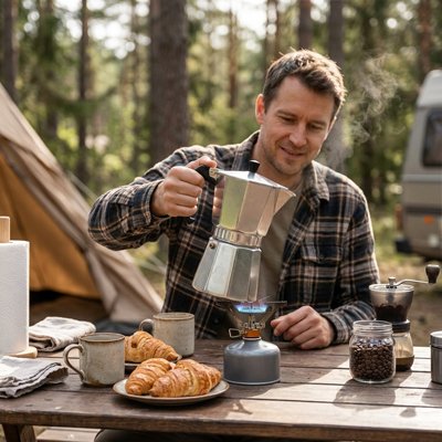 Campeur déjeune avec cafetiere italienne