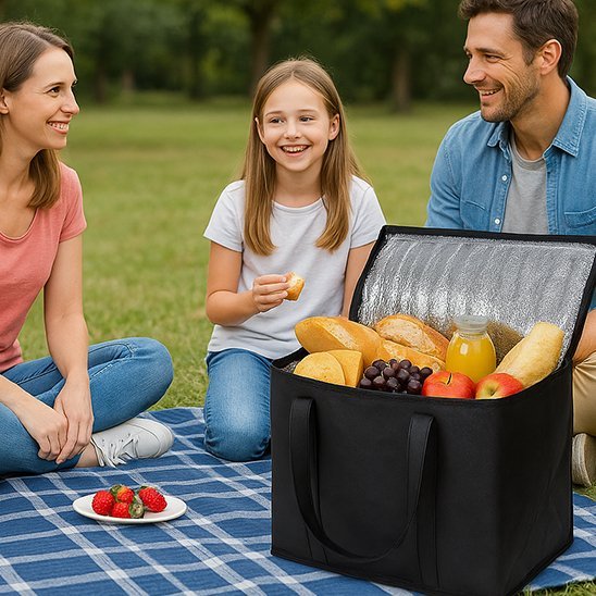 couple et enfant mangent dehors sac repas isotherme