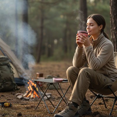 Femme boit avec gobelet pliable rose soir camping