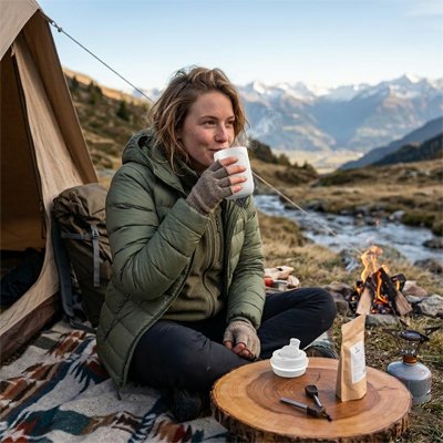 Femme camping montagne boit mug isotherme blanc