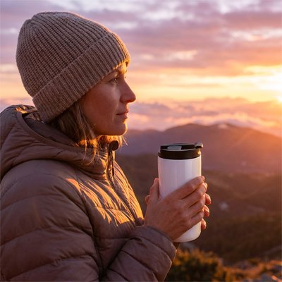 Femme comtemple coucher soleil avec tasse isotherme blanche