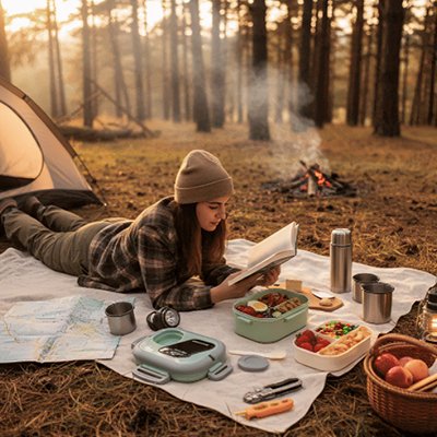 Femme en camping avec lunch box