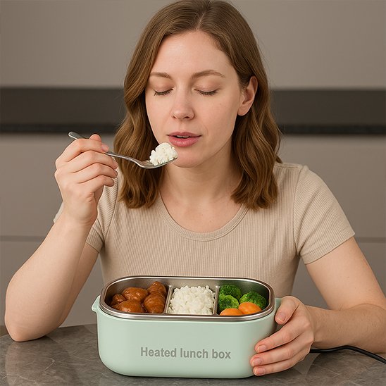 Femme mange avec Lunch box chauffante verte