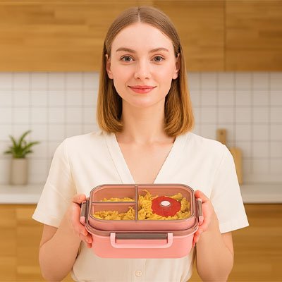 Femme tient Boite repas rose