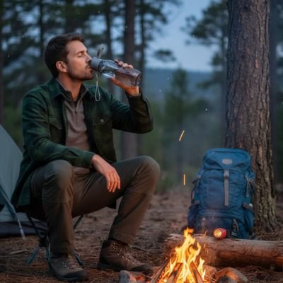 Homme prĂšs feu camping boit gourde plastique violette
