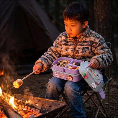 Jeune campeur tient sur genoux lunch box enfant