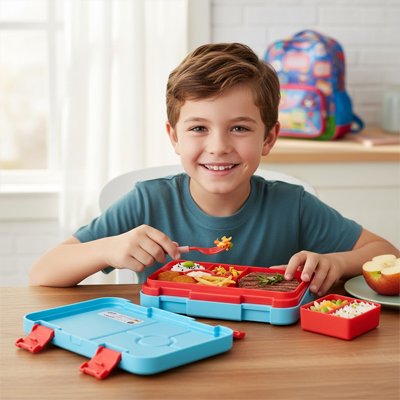 Jeune garçon mange avec Lunch box enfant bleue