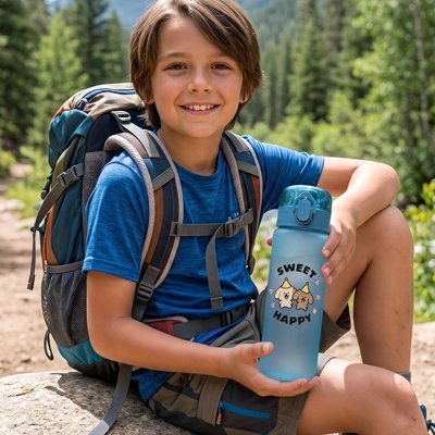 Jeune randonneur montre fiĂšrement sa gourde enfant bleue