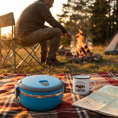 Lunch box bleue version simple sur nappe sol camping