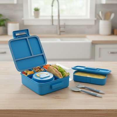Lunch box enfant bleue avec couverts sur table
