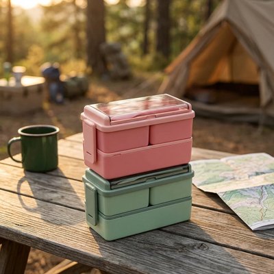 Lunch box rose empilée sur lunch box verte table camping