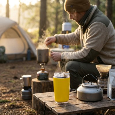 Mug isotherme jaune sur table camping sauvage