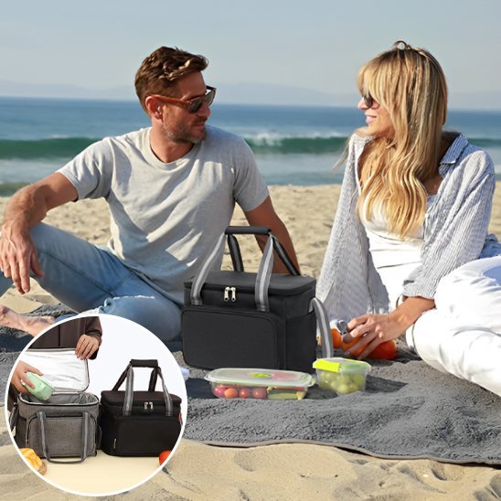 Couple déjeune plage sac isotherme
