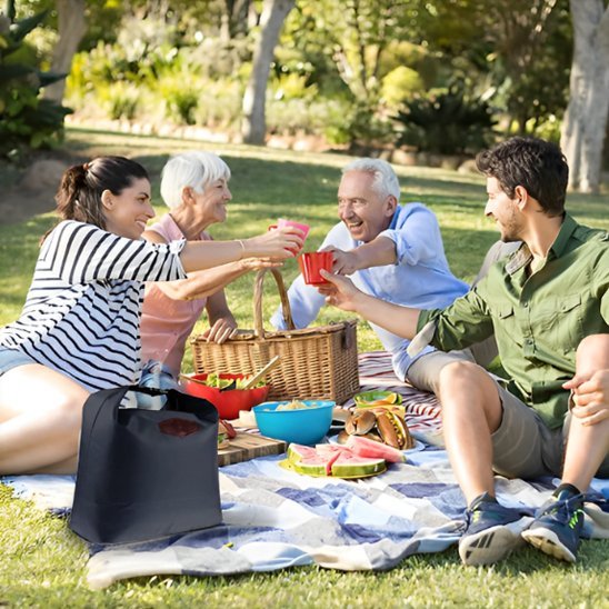 Famille deux générations mange dehors sac isotherme repas