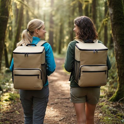 Amies balade forêt avec sac a dos isotherme kaki