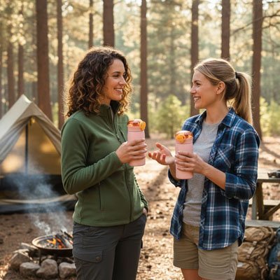 Amies en camping avec leurs gourdes en inox roses