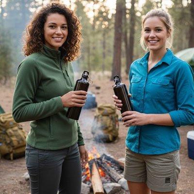 Amies tiennent leur gourde en aluminium noire camping