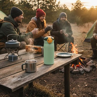 Amis camping avec une des gourdes en inox table pique-nique