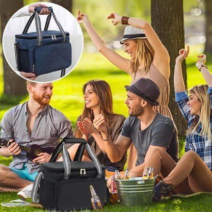 amis fêtent assis sur gazon sac isotherme