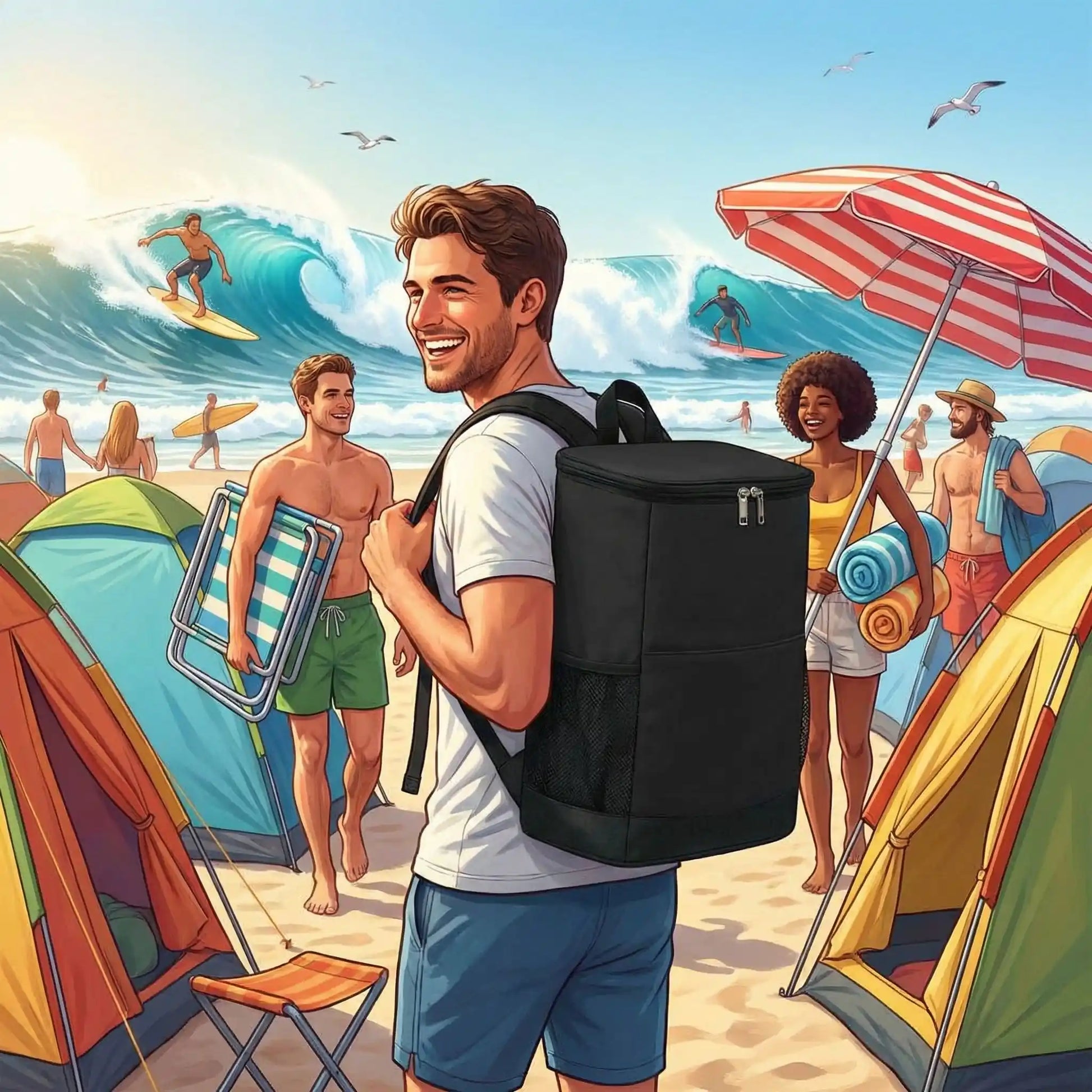 amis partent plage avec glacière sac à dos noire