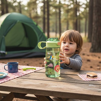 Bambin assis table pique-nique tient gourde enfant verte
