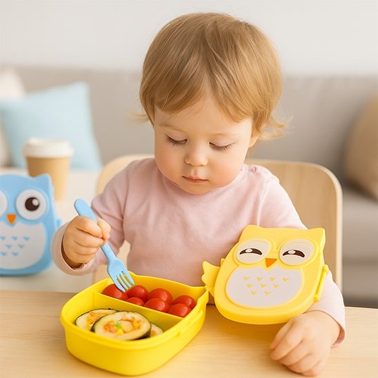 Bambin mange avec fourchette dans Lunch box enfant jaune