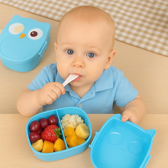 Bébé mange aliments dans Lunch box enfant bleue avec cueillère