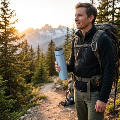 Bouteille isotherme dans mains randonneur forêt