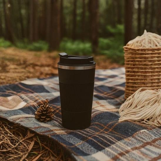 Bouteille isotherme noire sur nappe