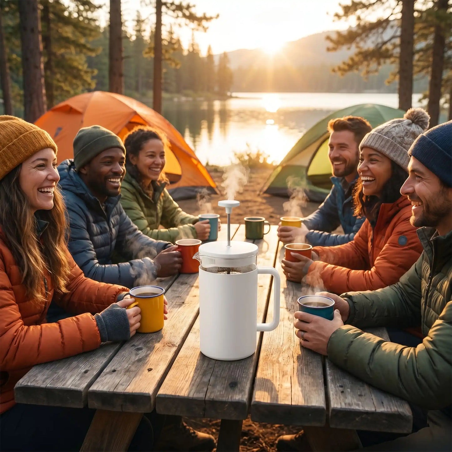 cafetiere a piston blanche bord lac amis