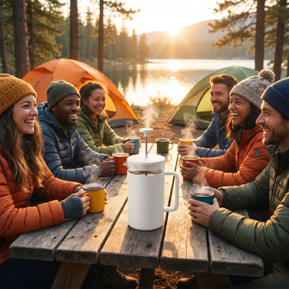 cafetiere a piston blanche bord lac amis