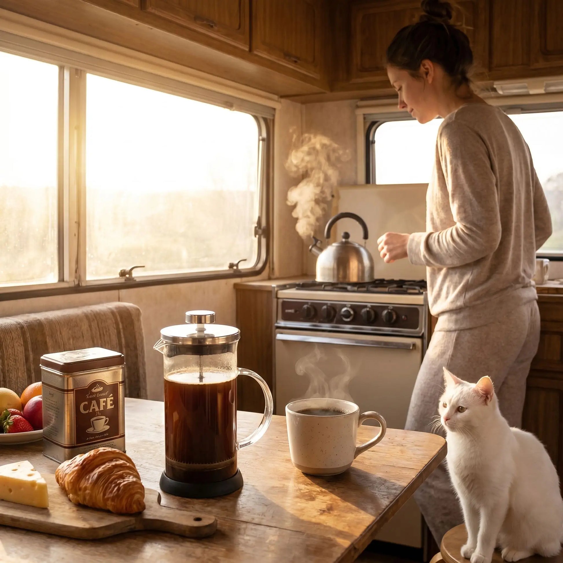 cafetiere a piston inox dans campeur-van-avec vanlifeuse