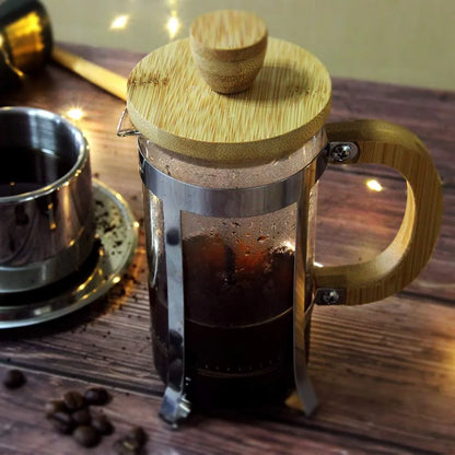 cafetiere a piston verre bambou cadre inox protecteur