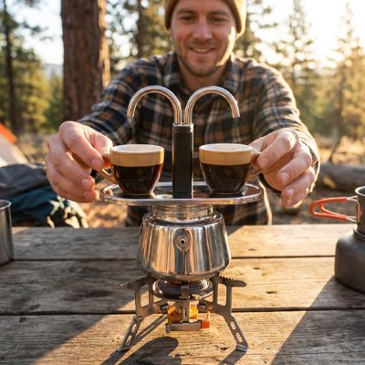 Cafetiere italienne avec deux cafés moka prêts camping