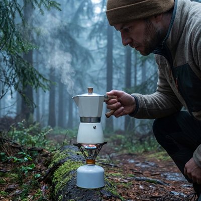 Cafetiere italienne blanche sur réchaud à gaz portable