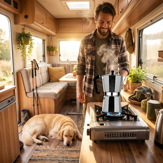cafetiere italienne moka sur réchaud dans campeur