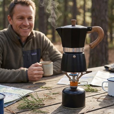 Cafetiere italienne noire sur réchaud à gaz portable