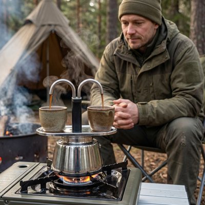 Cafetiere italienne sur cuisiniere au gaz table camping
