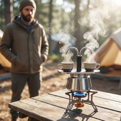Cafetiere italienne sur réchaud sur table camping