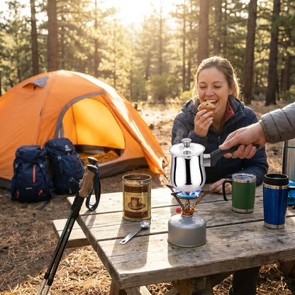 cafetiere manuelle sur réchaud gaz camping