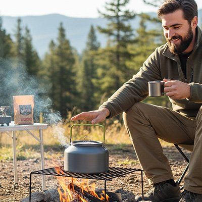Campeur avec bouilloire de voyage sur grille feu de bois