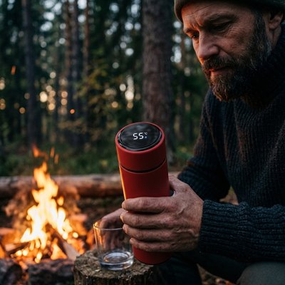 Campeur avec bouteille isotherme rouge
