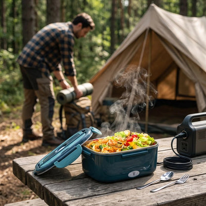Campeur avec lunch box chauffante sur table