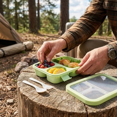 Campeur avec lunch box verte ouverte trois compartiments