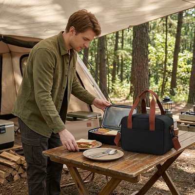 Campeur avec sac à repas isotherme noir sur table