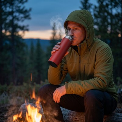 Campeur boit avec bouteille isotherme rouge