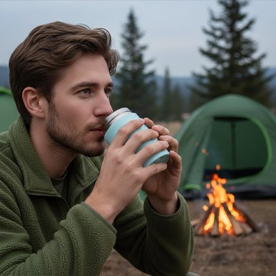 Campeur boit avec gobelet isotherme bleu