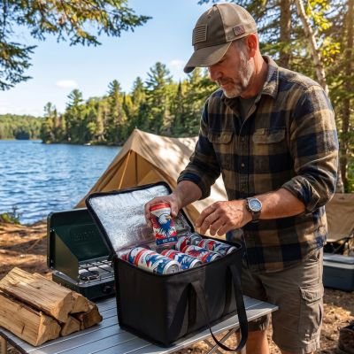 Campeur bord lac avec sac isotherme noir ouvert